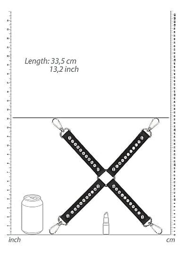 a diagram showing the size of  a black leather hogtie connector studded with diamonds in comparison to an aluminium can and a lipstick